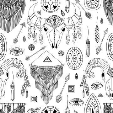 Vector seamless pattern with boho illustrations. Bohemian background. Line ar 스톡 일러스트
