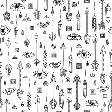 Vector seamless pattern with boho illustrations. Bohemian background. Line ar 库存插图