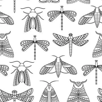 Vector seamless pattern with boho moths and dragonflies. Outlines イラスト素材