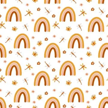Vector seamless pattern with boho rainbows, dragonflies and butterflies. Stock Illustration
