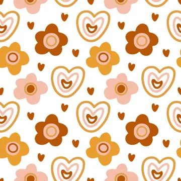 Vector seamless pattern with boho style hearts  and flowers on white. Stock Illustration