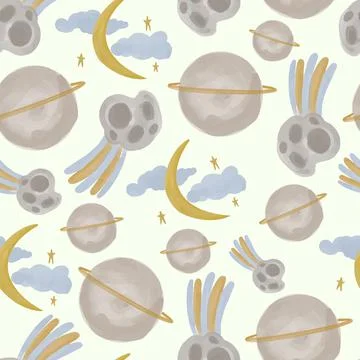 Vector Seamless pattern in boho style with space objects painted in watercolor. Illustrazione stock