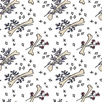 Vector seamless pattern with bones and plants. Hand drawn illustration. Stock Illustration