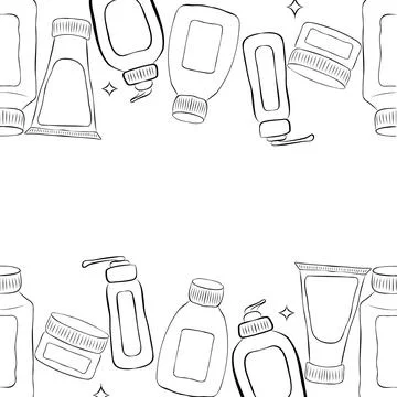 Vector seamless pattern border of different outline bottles, tubes, flacons, 스톡 일러스트