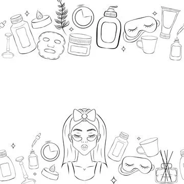 Vector seamless pattern border of different outline bottles, tubes, flacons, Stock Illustration