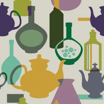 Vector seamless pattern with bottles and kettles Stock Illustration