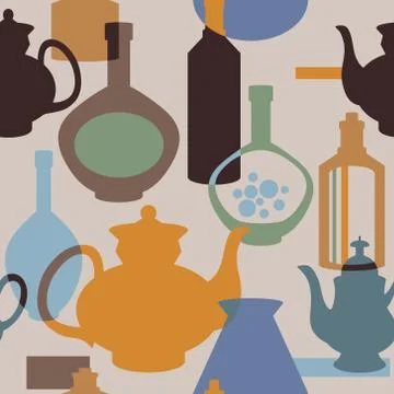 Vector seamless pattern with bottles and kettles Stock Illustration