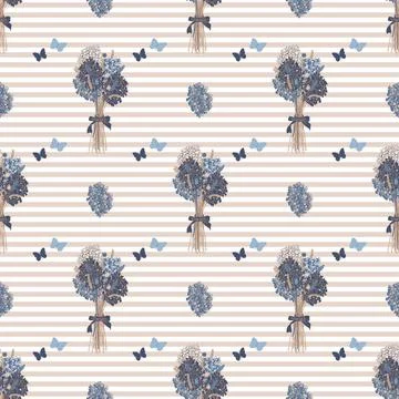 Vector seamless pattern with a bouquet of dried flowers, stripes and butterfl Stock Illustration