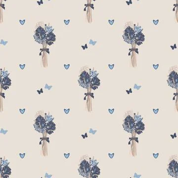 Vector seamless pattern with a bouquet of dried flowers and hydrangeas Stock Illustration