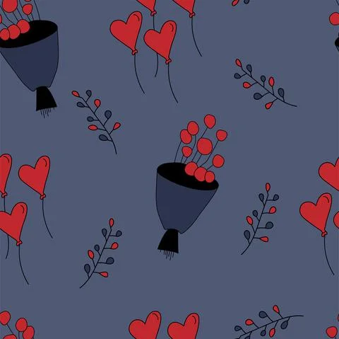 Vector. Seamless pattern with bouquets, branches, heart-shaped balloons. Stock Illustration