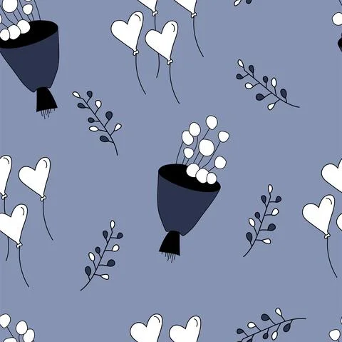 Vector. Seamless pattern with bouquets, branches, heart-shaped balloons. イラスト素材
