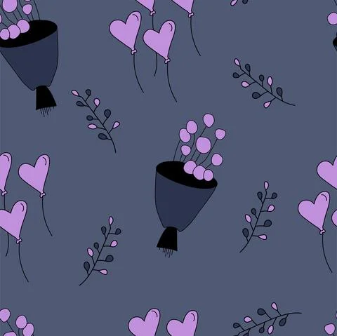 Vector. Seamless pattern with bouquets, branches, heart-shaped balloons. Stock Illustration