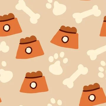 Vector seamless pattern with bowls filled with dog food on beige background. Dog Stock Illustration