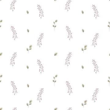 Vector seamless pattern of branches with red berries and pale yellow background Stock Illustration