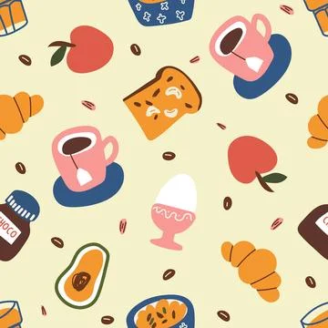 Vector seamless pattern with breakfast items Stock Illustration