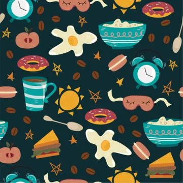 Vector seamless pattern with breakfast symbols. Morning coffee. 스톡 일러스트