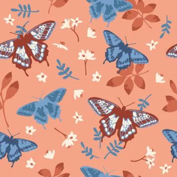 Vector seamless pattern with bright butterflies, leaves and flowers. Illustrazione stock
