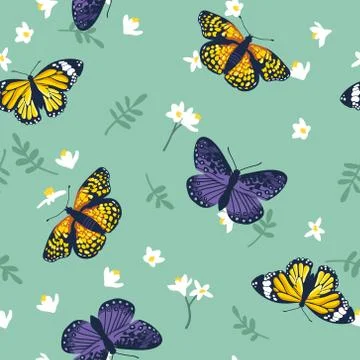Vector seamless pattern with bright butterflies. Hand drawn texture design Stock Illustration