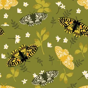 Vector seamless pattern with bright butterflies, leaves and flowers. Stock Illustration