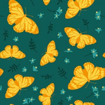 Vector seamless pattern with bright butterflies, leaves and flowers. Stock Illustration