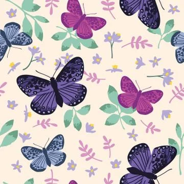 Vector seamless pattern with bright butterflies, leaves and flowers. Stock Illustration