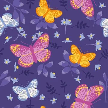 Vector seamless pattern with bright butterflies, leaves and flowers. Stock Illustration