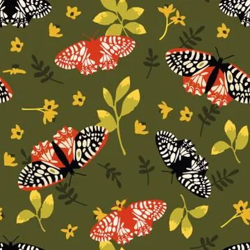 Vector seamless pattern with bright butterflies, leaves and flowers. Stock Illustration