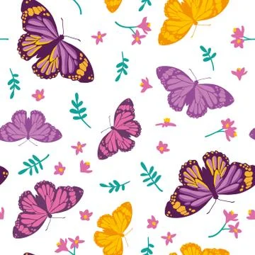 Vector seamless pattern with bright butterflies, leaves and flowers. Illustrazione stock