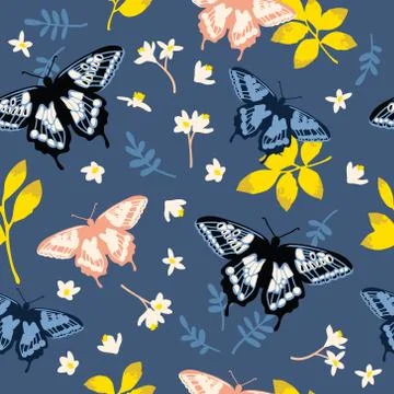 Vector seamless pattern with bright butterflies, leaves and flowers. Illustrazione stock