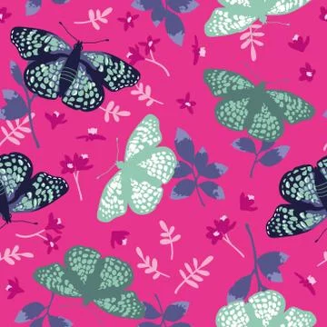 Vector seamless pattern with bright butterflies, leaves and flowers. Stock Illustration