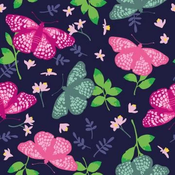 Vector seamless pattern with bright butterflies, leaves and flowers. Stock Illustration