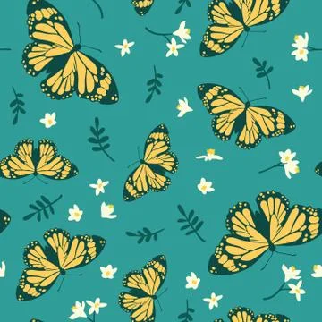 Vector seamless pattern with bright butterflies, leaves and flowers. Stock Illustration