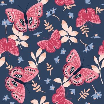 Vector seamless pattern with bright butterflies, leaves and flowers. Stock Illustration