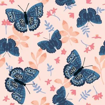 Vector seamless pattern with bright butterflies, leaves and flowers. Stock Illustration