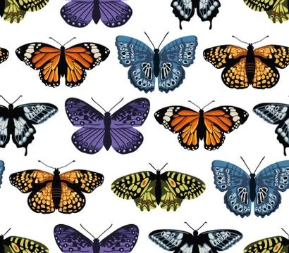 Vector seamless pattern with bright butterflies. Hand drawn texture design Illustrazione stock