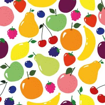 Vector seamless pattern with bright colorful fruits and berries on a white ba Stock Illustration
