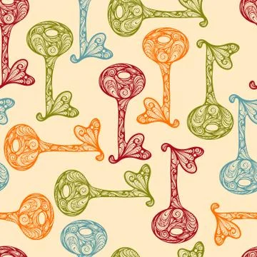 Vector seamless pattern with bright hand drawn keys Stock Illustration