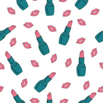Vector seamless pattern with bright juicy lips pink  and lipstick turquoise b Illustrazione stock