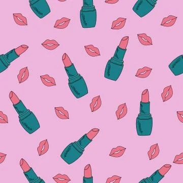 Vector seamless pattern with bright juicy lips red and lipstick turquoise blu Stock Illustration