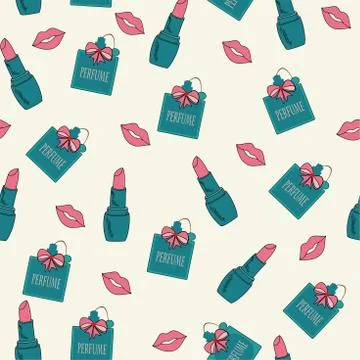 Vector seamless pattern with bright juicy lips pink with perfume with bow and Illustrazione stock