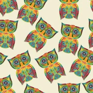 Vector seamless pattern with bright owls Stock Illustration