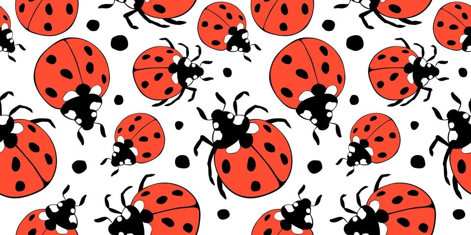 Vector seamless pattern of bright red ladybugs of different sizes in flat doo Stock Illustration