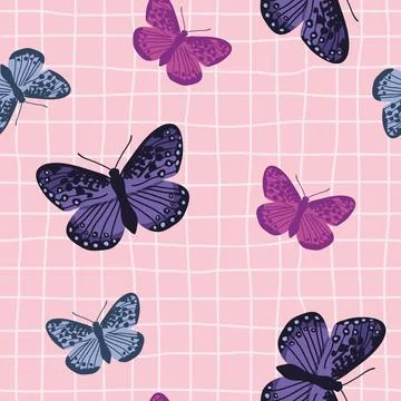 Vector seamless pattern with bright retro butterflies. Hand-drawn texture Stock Illustration