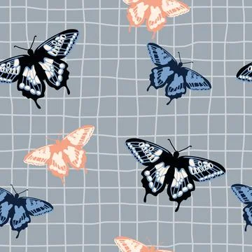 Vector seamless pattern with bright retro butterflies. Hand-drawn texture Stock Illustration
