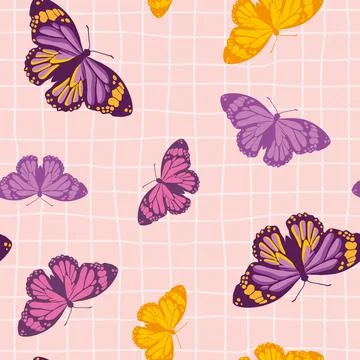 Vector seamless pattern with bright retro butterflies. Hand-drawn texture Stock Illustration