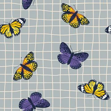 Vector seamless pattern with bright retro butterflies. Hand-drawn texture Stock Illustration