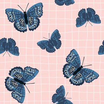 Vector seamless pattern with bright retro butterflies. Hand-drawn texture Stock Illustration