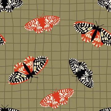 Vector seamless pattern with bright retro butterflies. Hand-drawn texture Stock Illustration