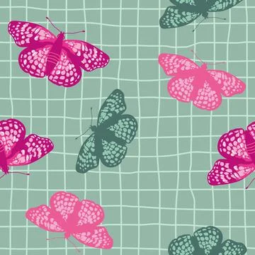 Vector seamless pattern with bright retro butterflies. Hand-drawn texture Illustrazione stock