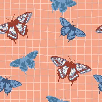 Vector seamless pattern with bright retro butterflies. Hand-drawn texture Stock Illustration